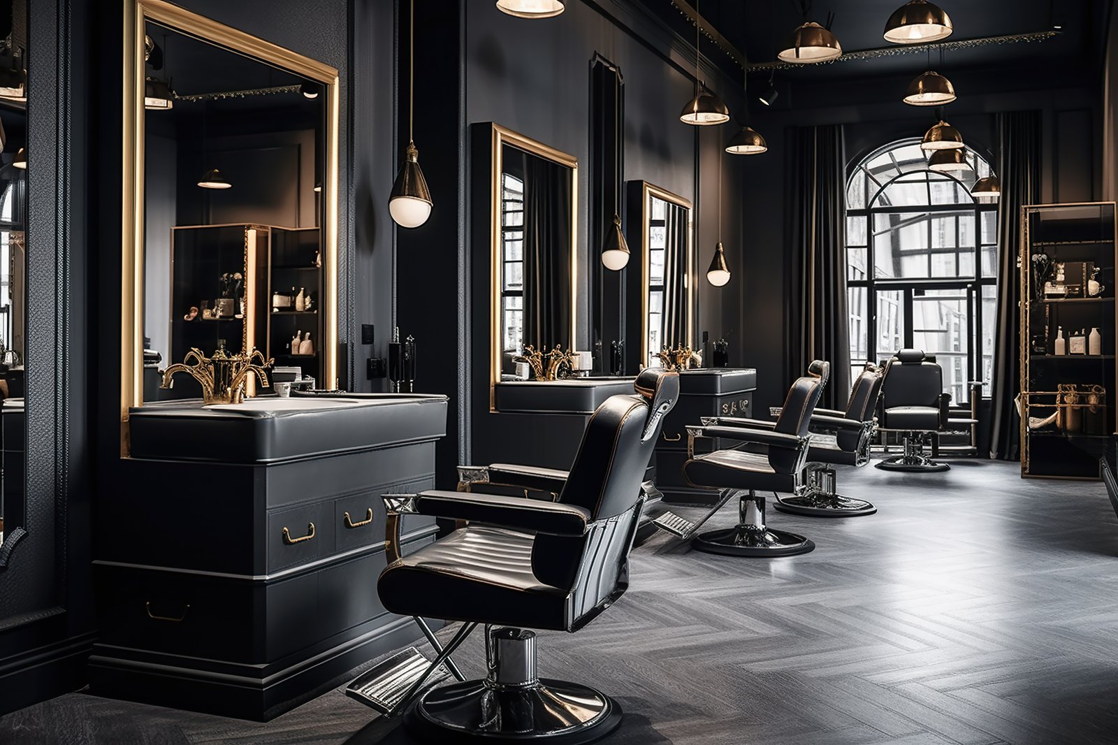 Modern hair beauty salon with dark design, luxury barbershop